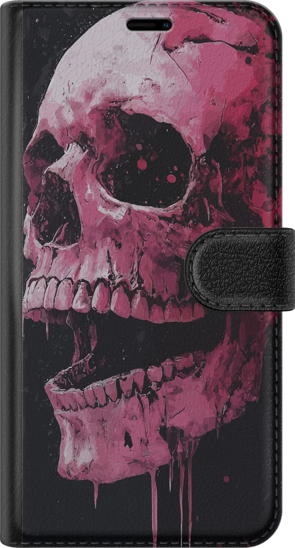 Kompatibel Tegnebogsetui til Apple iPhone 13 mini Dramatisk lyserødt kranium med malede detaljer og løbende maling mod sort baggrund pink