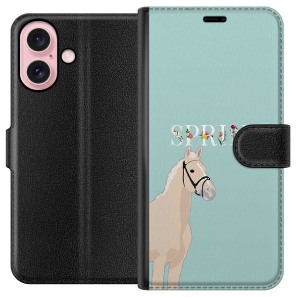 Kompatibel Tegnebogsetui til Apple iPhone 16 Lys hest med blomster og teksten "Spring" på mintgrøn baggrund grøn