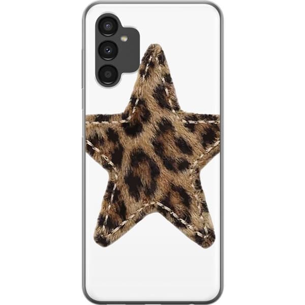 Kompatibelt Mobildeksel til Samsung Galaxy A04s Stjernemotiv med brunt og svart leopardmønster samt dekorative sømdetaljer brun