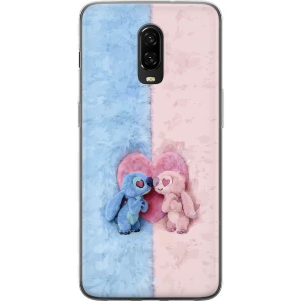 Kompatibel Mobilcover til OnePlus 6T Søde blå og lyserøde figurer foran et stort lyserødt hjerte pink