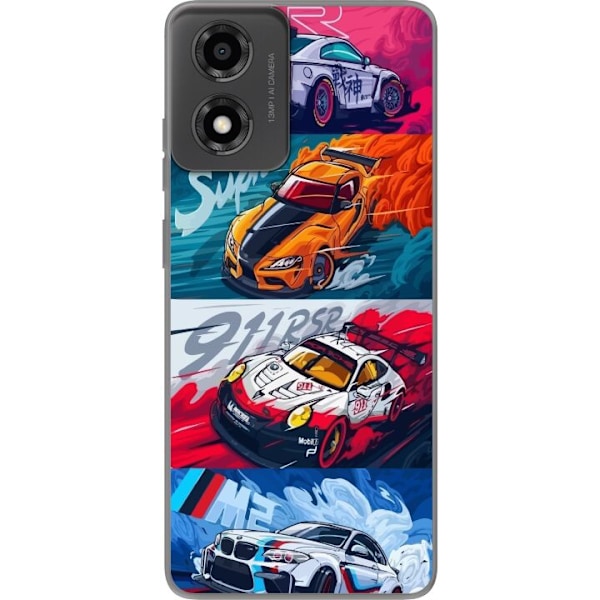 Motorola Moto E14 Läpinäkyvä kuori Nopeat Autot - Piirretty Kuvio Toiminnalla