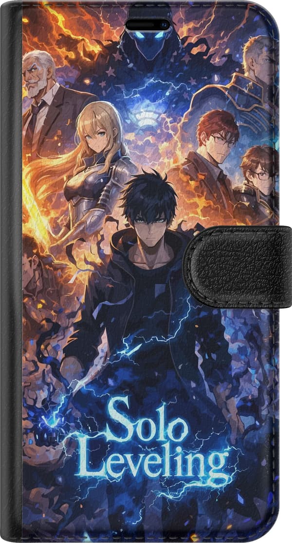 Kompatibelt Plånboksfodral till Xiaomi Redmi Note 15 Pro Animefigurer med blå blixtar orange eld och en mörkhårig krigare i centrum blå
