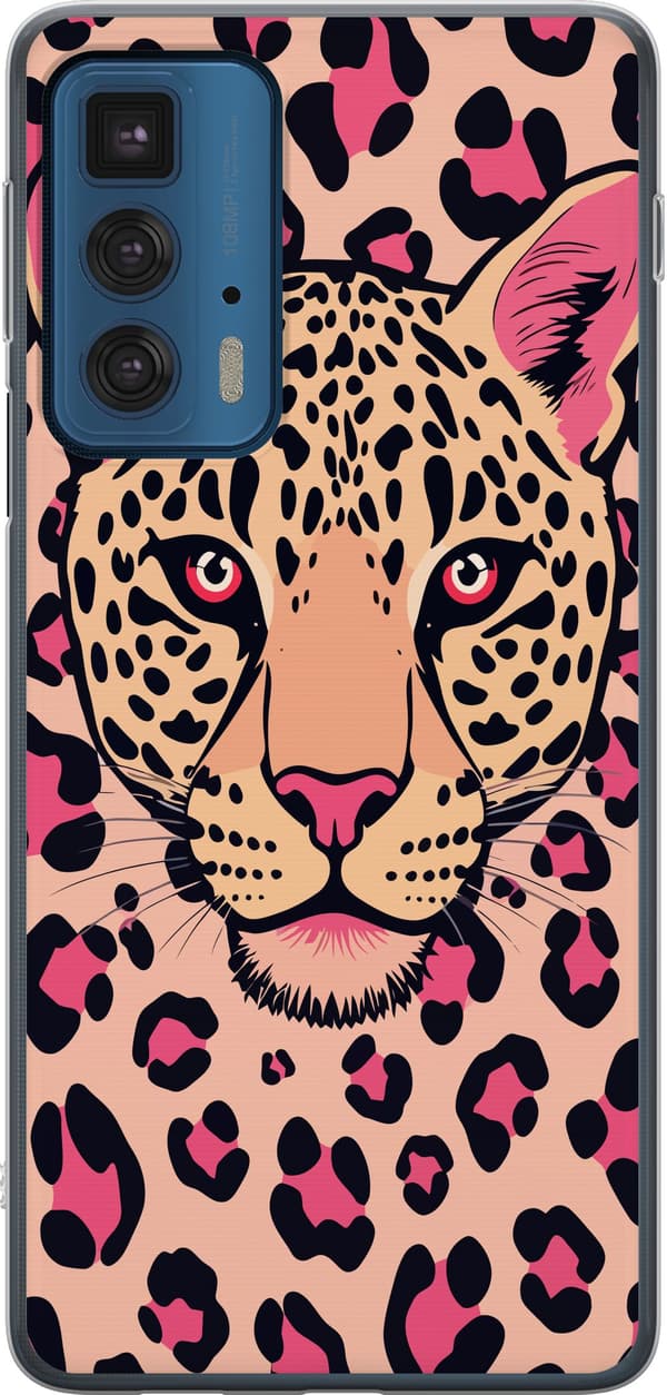 Kompatibelt Mobildeksel til Motorola Edge 20 Pro Illustrert leopardhode og svarte leopardflekker på rosa bakgrunn rosa