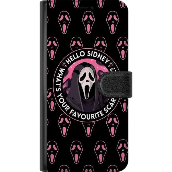 Kompatibel Tegnebogsetui til Xiaomi Redmi Note 10 Pro Sort og rosa skrækmotiv med maskerede figurer og teksten Hello Sidney sort