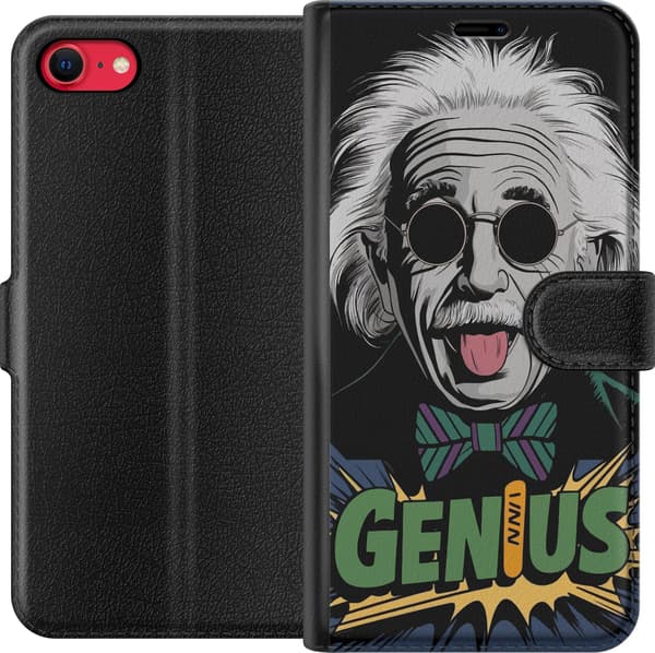 Kompatibelt Plånboksfodral till Apple iPhone 7 Tecknad Albert Einstein med solglasögon, utsträckt tunga och grön Genius-text svart