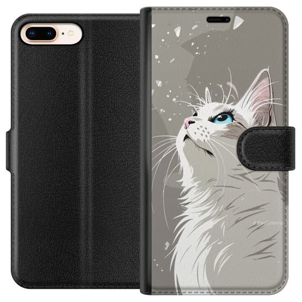 Kompatibel Tegnebogsetui til Apple iPhone 8 Plus Stilren illustration af en hvid kat med blå øjne, der kigger opad mod en grå baggrund grå