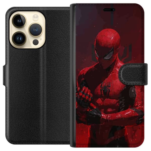Kompatibel Tegnebogsetui til Apple iPhone 15 Pro Dramatisk rød og sort maskeret superhelt med edderkoppemønstret dragt rød