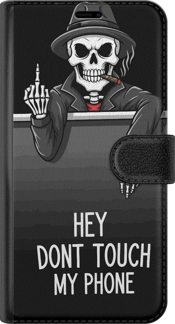 Kompatibel Tegnebogsetui til Apple iPhone 18 Pro Mørkt motiv med dødningehoved i hat, cigar, håndgestus og teksten Hey Don't Touch My Phone sort