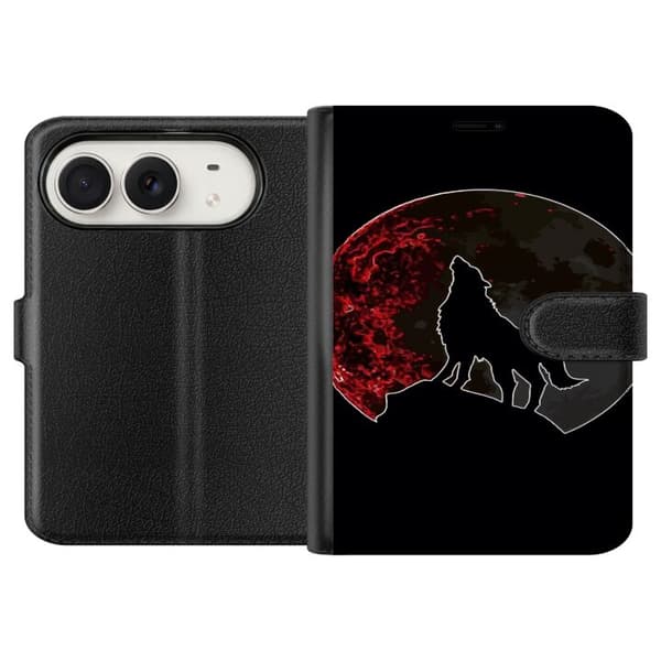 Kompatibel Tegnebogsetui til Apple iPhone Duo Sort silhuet af en hylende ulv foran en dramatisk rød måne mod sort baggrund sort