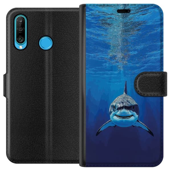 Kompatibelt Plånboksfodral till Huawei P30 lite Närbild av en vithaj under vattnet blå