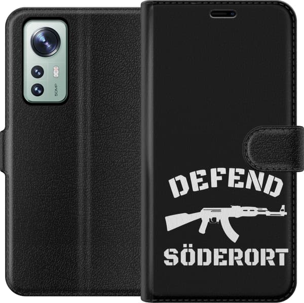 Kompatibel Tegnebogsetui til Xiaomi 12 Sort Söderort - hvidt områdeslogan og hvid våbensilhuet på sort baggrund sort