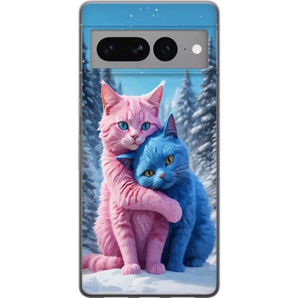 Kompatibel Mobilcover til Google Pixel 7 Pro Søde lyserøde og blå katte, der krammer i sneklædt vinterlandskab blå