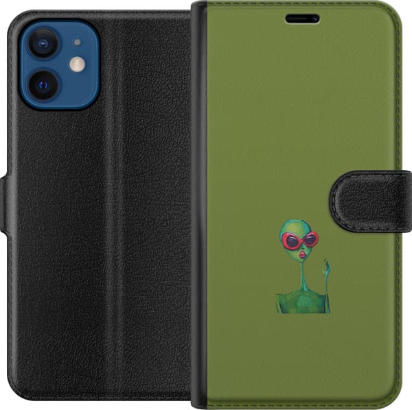 Kompatibel Tegnebogsetui til Apple iPhone 12 mini Grøn alien med store røde solbriller og lyserøde læber mod ensfarvet olivengrøn baggrund grøn