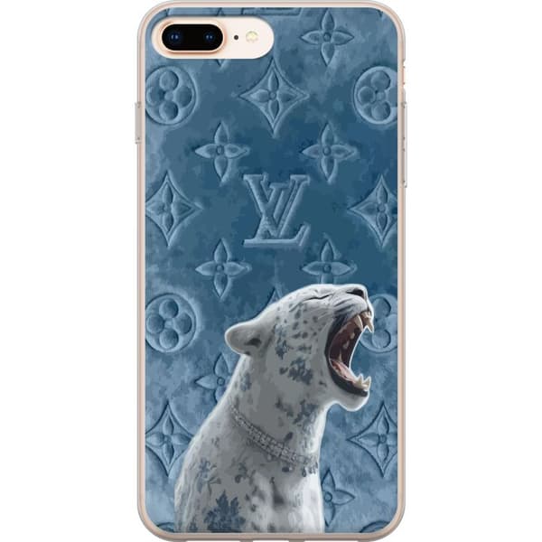 Kompatibelt Mobildeksel til Apple iPhone 8 Plus Eksklusiv hvit leopard med blå detaljer og elegant mønstret bakgrunn blå