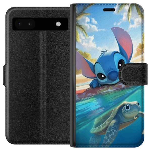 Google Pixel 6a Lompakkokotelo Stitch kilpikonnalla - söpö sininen avaruusolento trooppisessa rantaympäristössä Disneyn tapaan