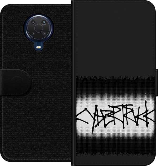Kompatibel Tegnebogsetui til Nokia G20 Sorte takkede graffitibogstaver mellem to sorte rastertonede felter sort