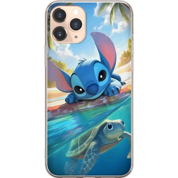 Apple iPhone 11 Pro Gennemsigtig cover Stitch med skildpadde - sød blå alien i tropisk strandmiljø fra Disney