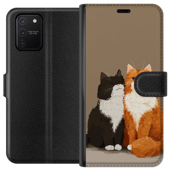 Kompatibel Tegnebogsetui til Samsung Galaxy S10 Lite Illustrerede sort-hvide og orange-hvide katte sammen mod brun baggrund brun