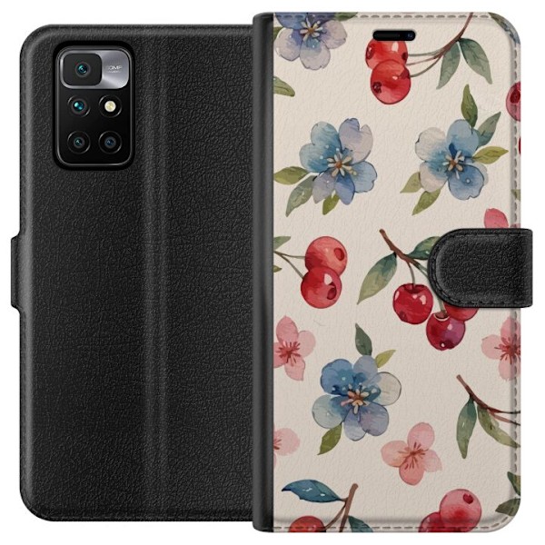 Xiaomi Redmi 10 Plånboksfodral Bär & Blommor – mönster med blå blommor och skogsbär