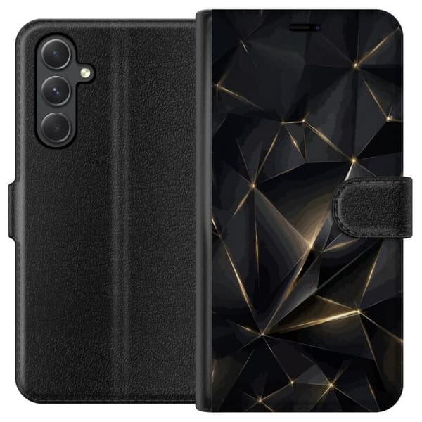 Kompatibel Tegnebogsetui til Samsung Galaxy A05s Abstrakte sorte geometriske former med tynde gyldne linjer og lyspunkter sort