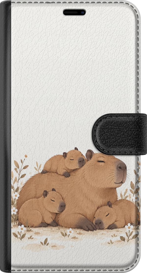 Kompatibelt Lommeboketui til Apple iPhone 12 Pro Max Kapibarafamilie med små blomster – Illustrert brun kapibara sammen med mindre kapibaraer, blader beige