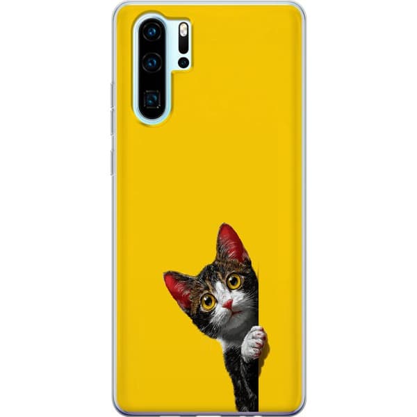 Kompatibel Mobilcover til Huawei P30 Pro Sød kat, der kigger ud mod gul minimalistisk baggrund gul