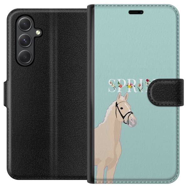 Kompatibel Tegnebogsetui til Samsung Galaxy A35 Lys hest med blomster og teksten "Spring" på mintgrøn baggrund grøn