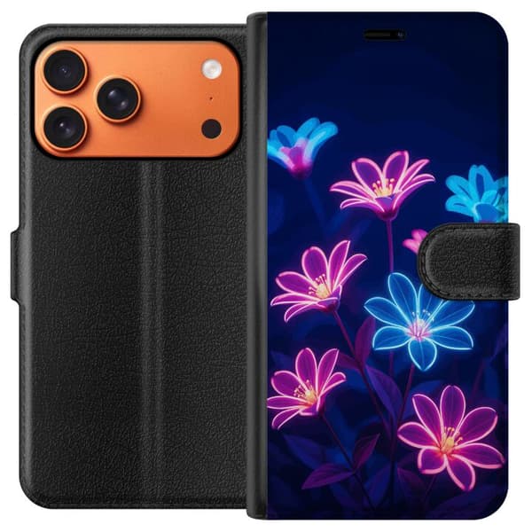Kompatibel Tegnebogsetui til Apple iPhone 17 Pro Max Blåt og lyserødt motiv med lysende neonblomster mod mørk baggrund blå