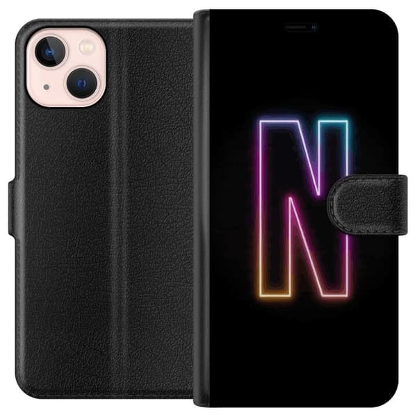 Kompatibel Tegnebogsetui til Apple iPhone 13 mini Minimalistisk neonbogstav N i farveskiftende lys mod sort baggrund