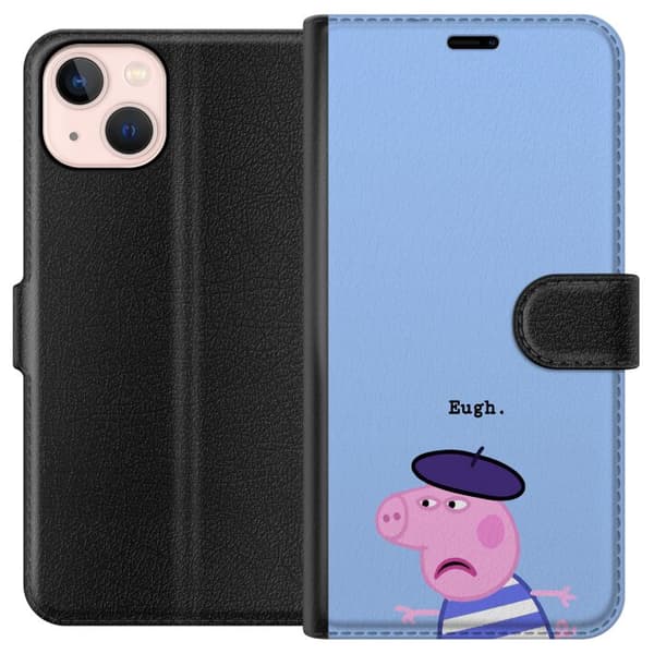 Kompatibel Tegnebogsetui til Apple iPhone 13 Peppa Pig-motiv med lilla basker, stribet trøje og teksten Eugh på lyseblå baggrund blå