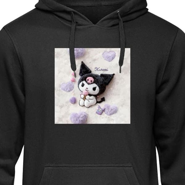 Børne Hoodie Sort 5-6 År Sød sort-hvid figur med lyserød is og bløde hjerter sort 5-6 År