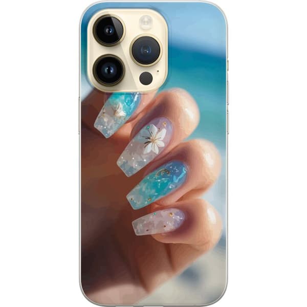 Kompatibelt Mobildeksel til Apple iPhone 14 Pro Blå negler med glitter og blomst – Havsinspirert negledesign