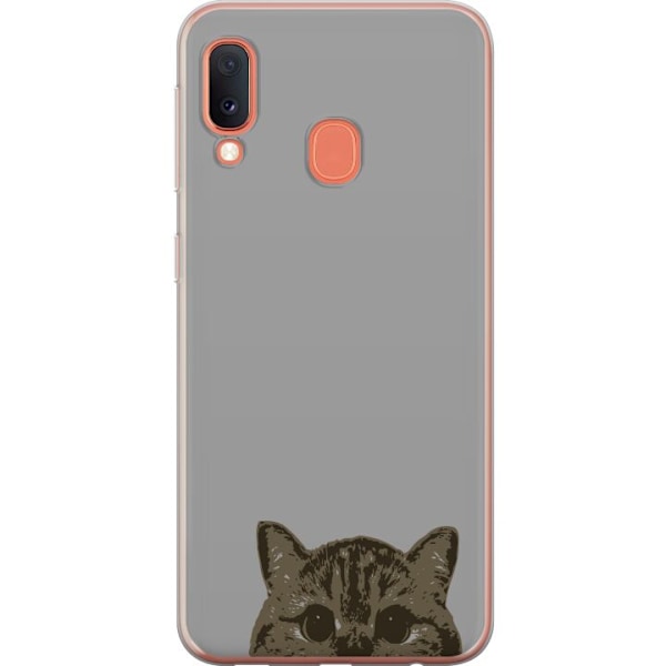 Samsung Galaxy A20e Genomskinligt Skal Grå Kattblick – stilren kattdesign med grå bakgrund
