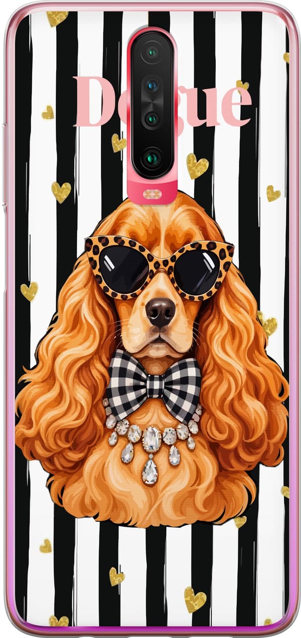 Kompatibel Mobilcover til Xiaomi Redmi K30 Brun spaniel med sorte solbriller og ternet sløjfe mod sorte og hvide striber brun