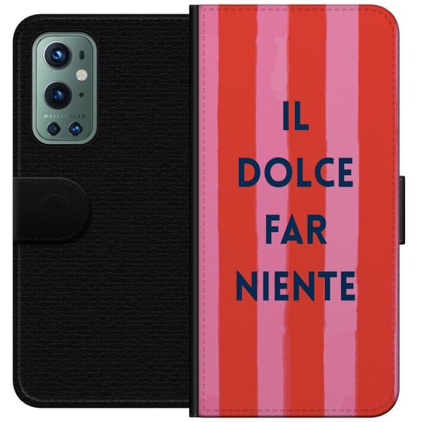 Kompatibelt Lommeboketui til OnePlus 9 Pro Teksten Il Dolce Far Niente i mørkeblått mot håndmalte rosa og røde striper rosa