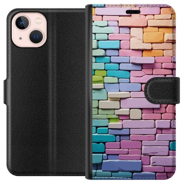 Kompatibel Tegnebogsetui til Apple iPhone 13 mini Pastelfarvet murstensvæg i bløde nuancer af pink, blå, grøn og gul