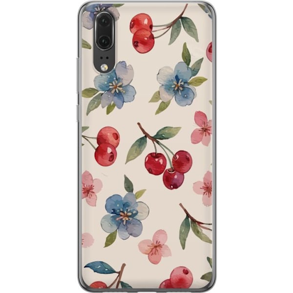 Huawei P20 Genomskinligt Skal Bär & Blommor – mönster med blå blommor och skogsbär