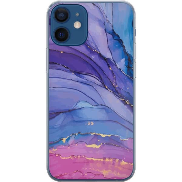 Kompatibelt Mobildeksel til Apple iPhone 12 mini Abstrakt marmormønster i blått, lilla og rosa med subtile gulldetaljer