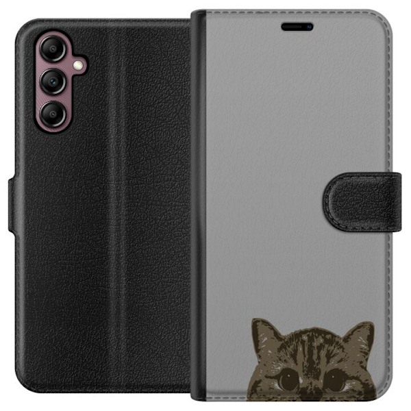 Samsung Galaxy A14 5G Tegnebogsetui Grå Katteblik - stilfuld kat design med grå baggrund