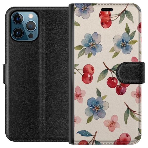 Apple iPhone 12 Pro Max Tegnebogsetui Bær & Blomster - mønster med blå blomster og skovbær