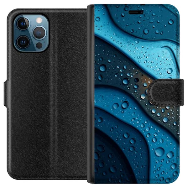 Kompatibelt Lommeboketui til Apple iPhone 12 Pro Max Blå abstrakte bølger med glitrende vanndråper i moderne grafisk design blå