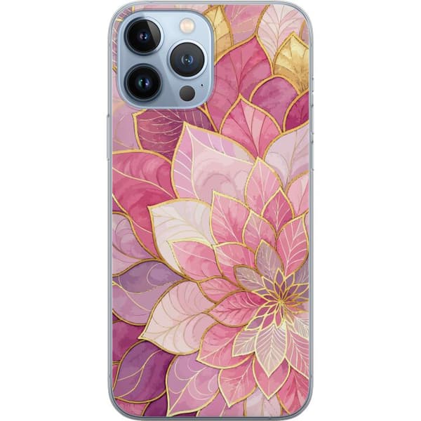 Kompatibelt Mobildeksel til Apple iPhone 13 Pro Max Rosa botanisk bladmønster med elegante gulldetaljer og dekorative former rosa