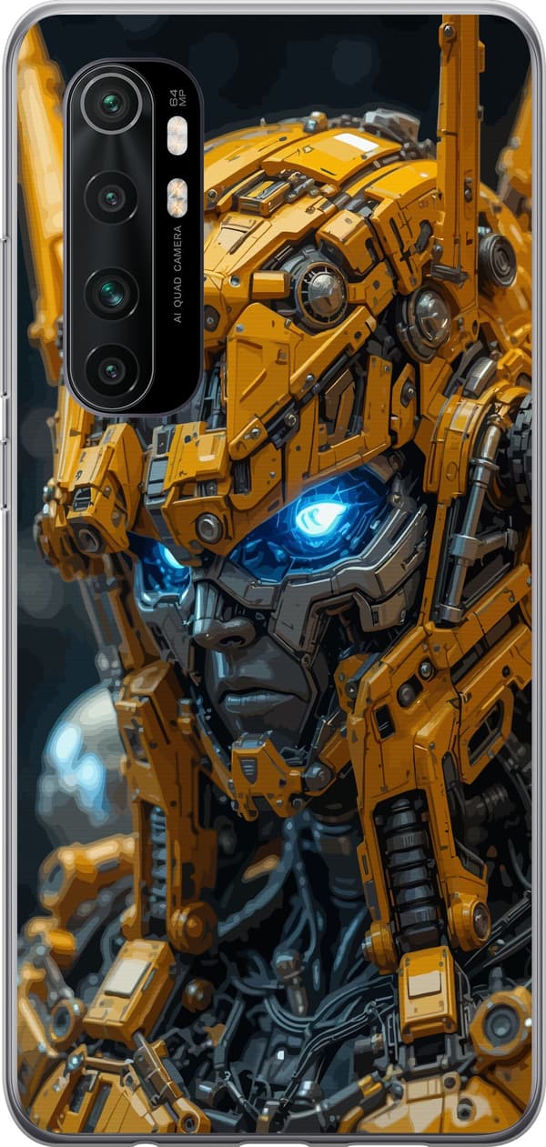 Kompatibelt Mobildeksel til Xiaomi Mi Note 10 Lite Detaljert gult robothode med blå øyne og mekaniske paneler gul