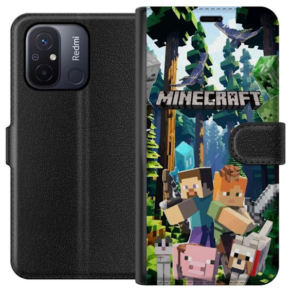Xiaomi Redmi 12C Lompakkokotelo Minecraft-matkapuhelinkotelo metsällä ja pikselityylisillä hahmoilla