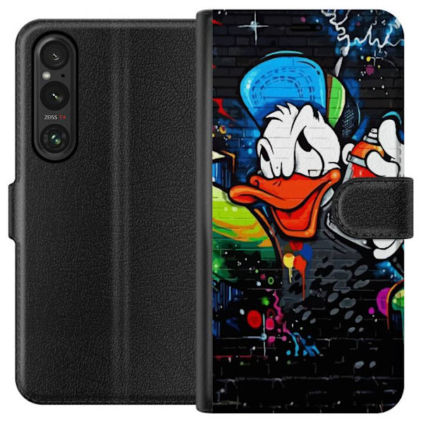 Sony Xperia 1 V Tegnebogsetui Kalle Anka Graffiti Disney Design Sjovt Børnemotiv Farve Grafisk Populær Serie Ikonisk Disneyfigur
