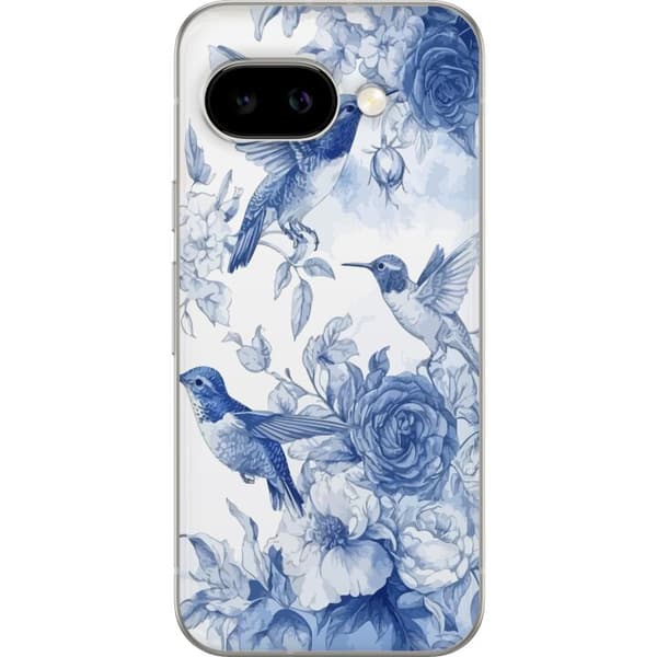 Kompatibelt Mobildeksel til Google Pixel 9a Fugler og blomster blått romantisk mønster