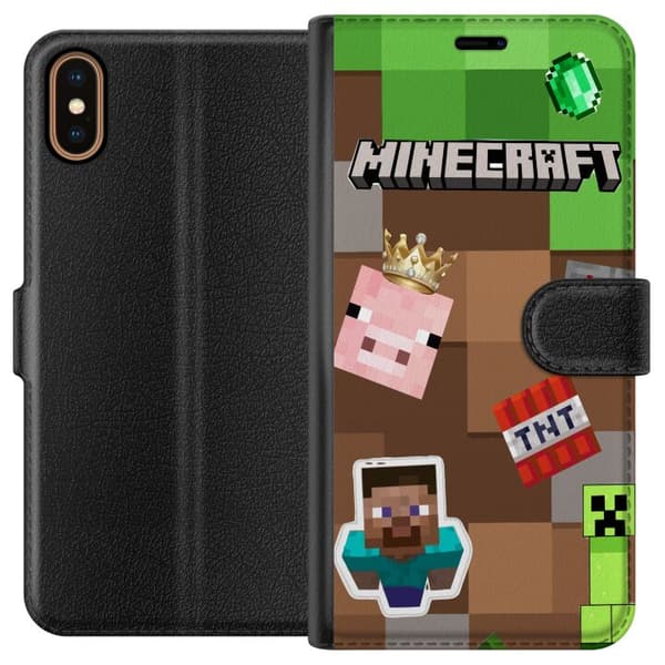 Kompatibel Tegnebogsetui til Apple iPhone X Blokinspireret motiv med figurer, dynamit, krone og grønne pixelruder brun