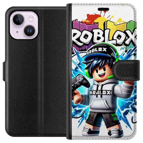 Kompatibel Tegnebogsetui til Apple iPhone 15 Plus Roblox-spilkarakter med headset og controller foran farvestænk