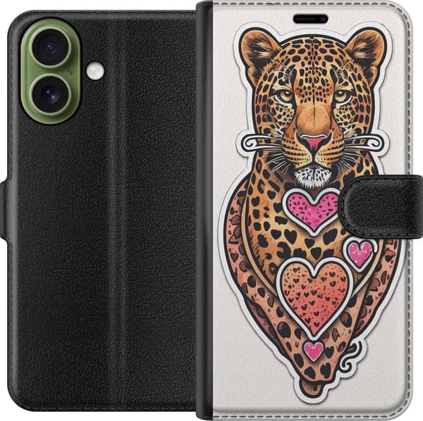 Kompatibel Tegnebogsetui til Apple iPhone 17 Illustreret leopard med lyserøde og orange hjerter, sorte pletter og dekorative detaljer orange
