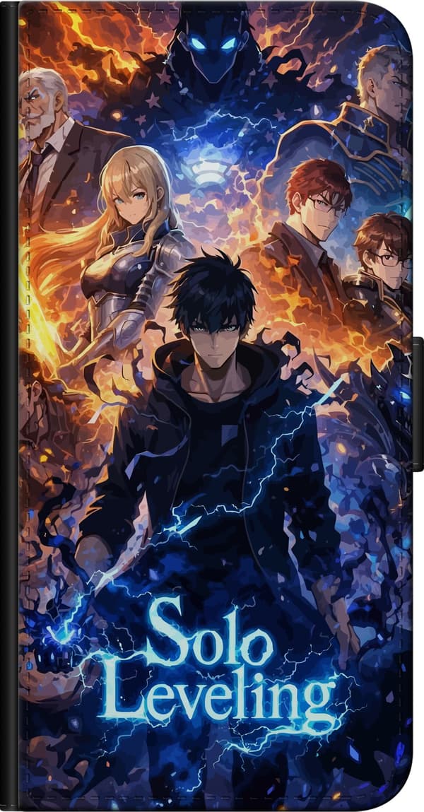 Kompatibelt Plånboksfodral till Samsung Galaxy Note20 Animefigurer med blå blixtar orange eld och en mörkhårig krigare i centrum blå